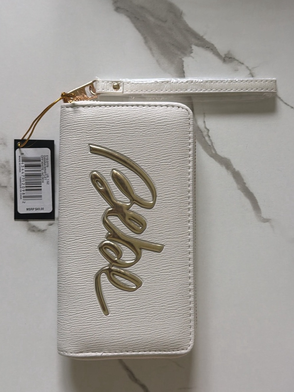 bebe White Wristlet Wallet with Gold Script
